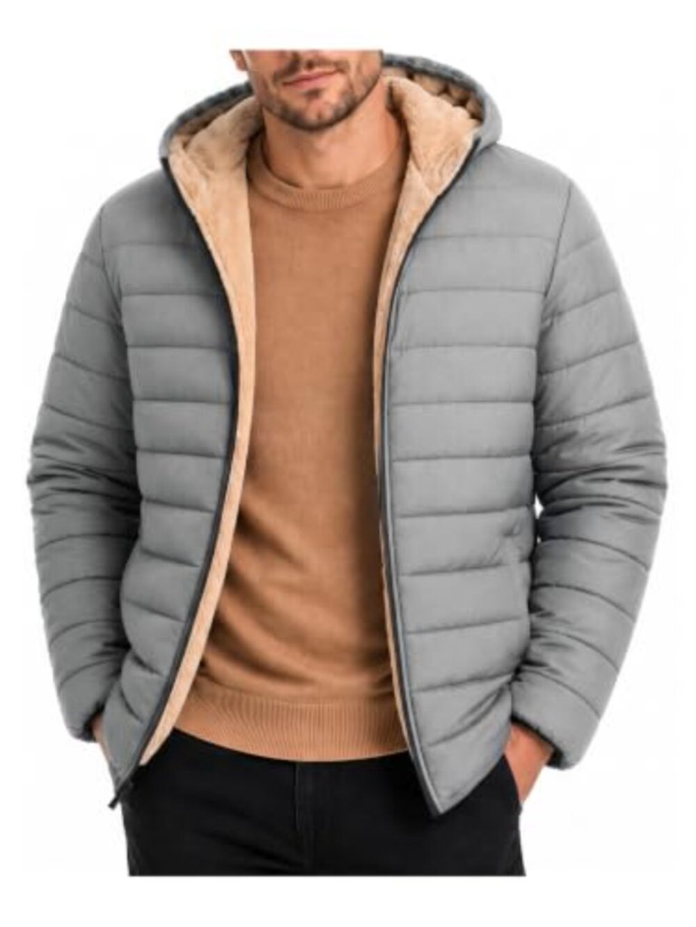 Men Puffer Jacket Insulated Sherpa Fleece Lined Warm Winter Coat